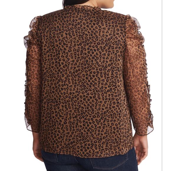 Cece Emery Ruffled Sheer Sleeve Leopard Print Shirt Womens Plus Size 1X - Picture 3 of 5